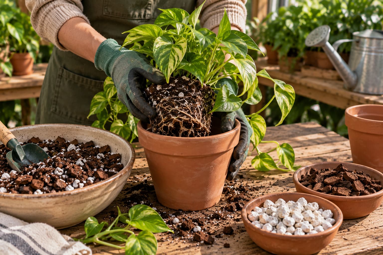 Golden Pothos being repotted into a chunky mix of potting medium, bark, and coarse mineral aeration in a terracotta pot.
