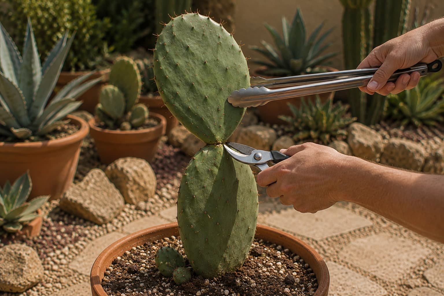 Gardener pruning a prickly pear pad at the natural joint using long metal tongs and clean pruning shears.