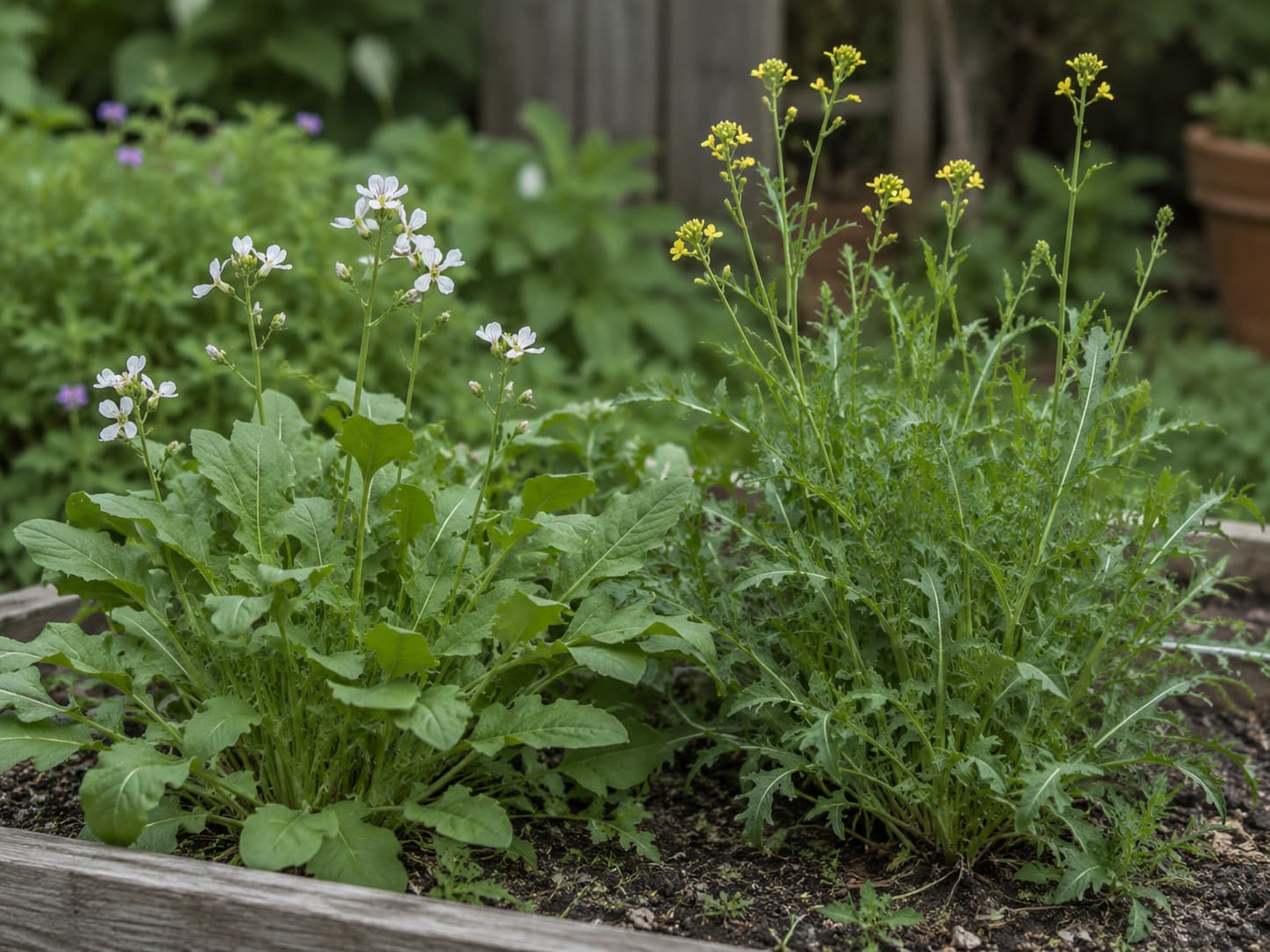 Side-by-side comparison of salad arugula and wild rocket showing differences in leaf shape and flowers.