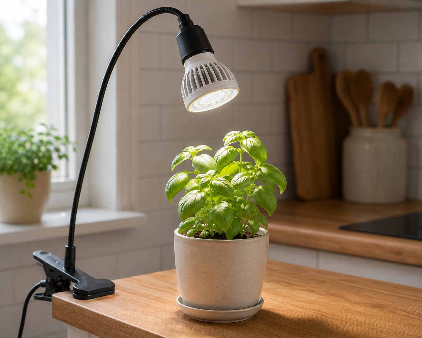 SANSI PAR20 grow light bulb in a simple lamp fixture above a single potted kitchen herb.