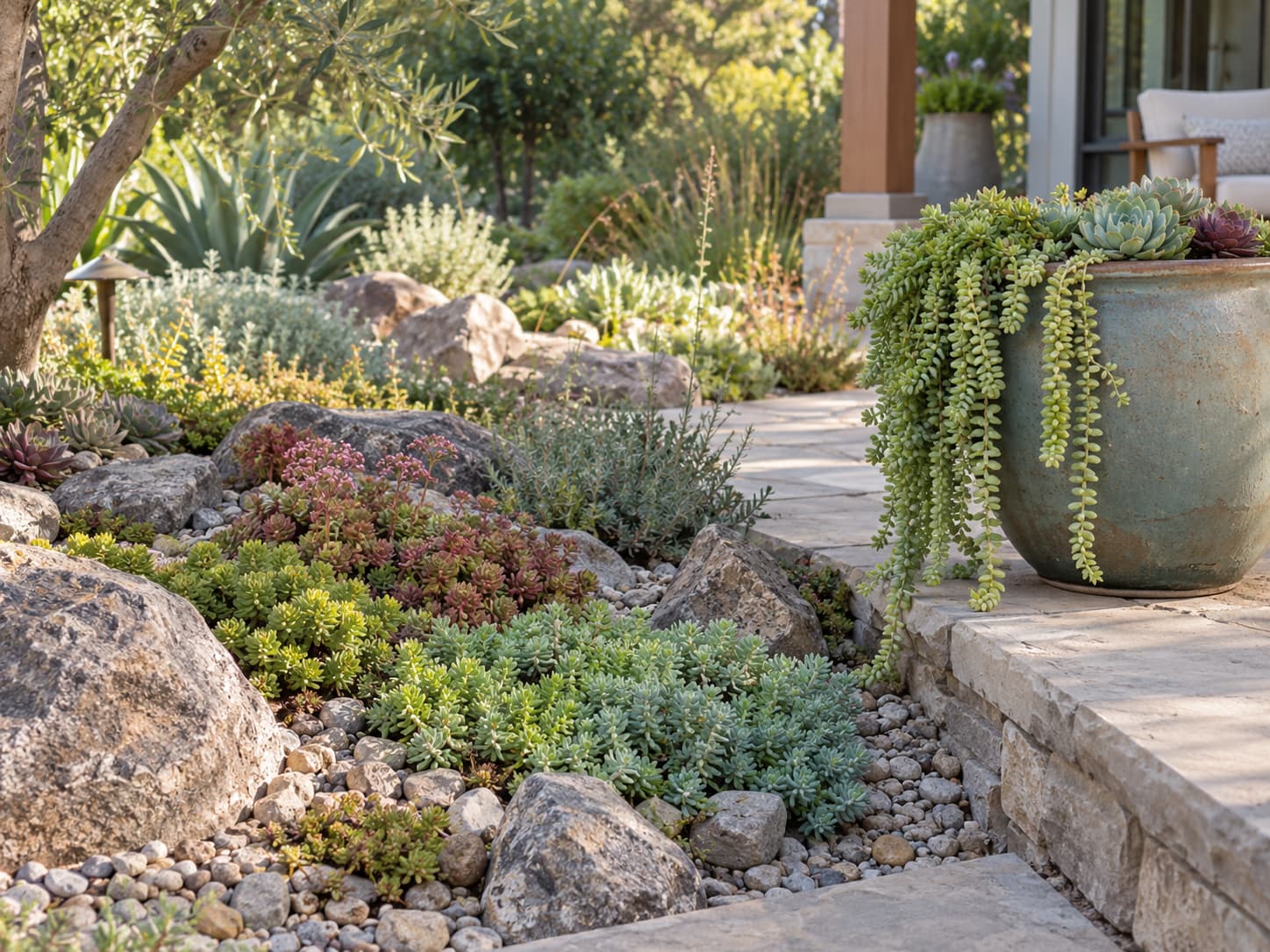 Sedum used in a rock garden and along a container edge to show low-water landscaping and trailing growth.
