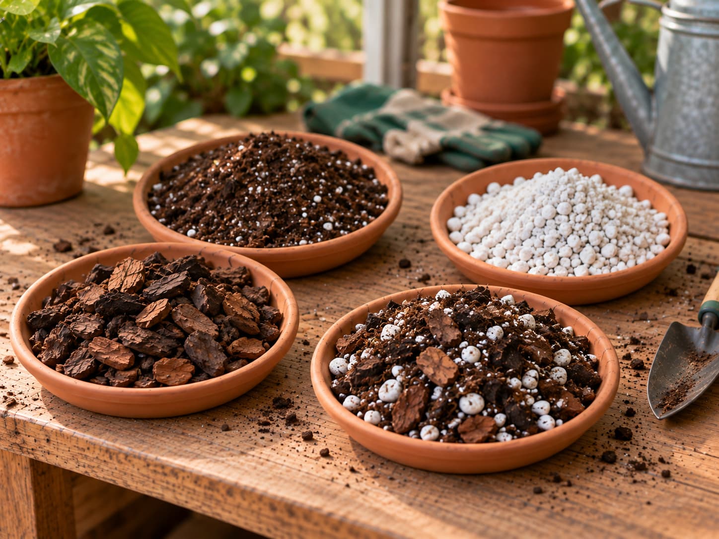 Home potting bench with base medium, coarse perlite, orchid bark, and a finished chunky aroid substrate in separate bowls.