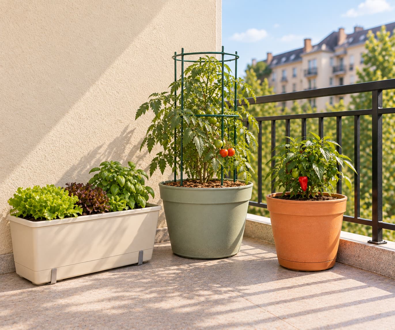 Simple balcony starter garden with one tomato pot, one pepper container and one wide box of lettuce and basil.