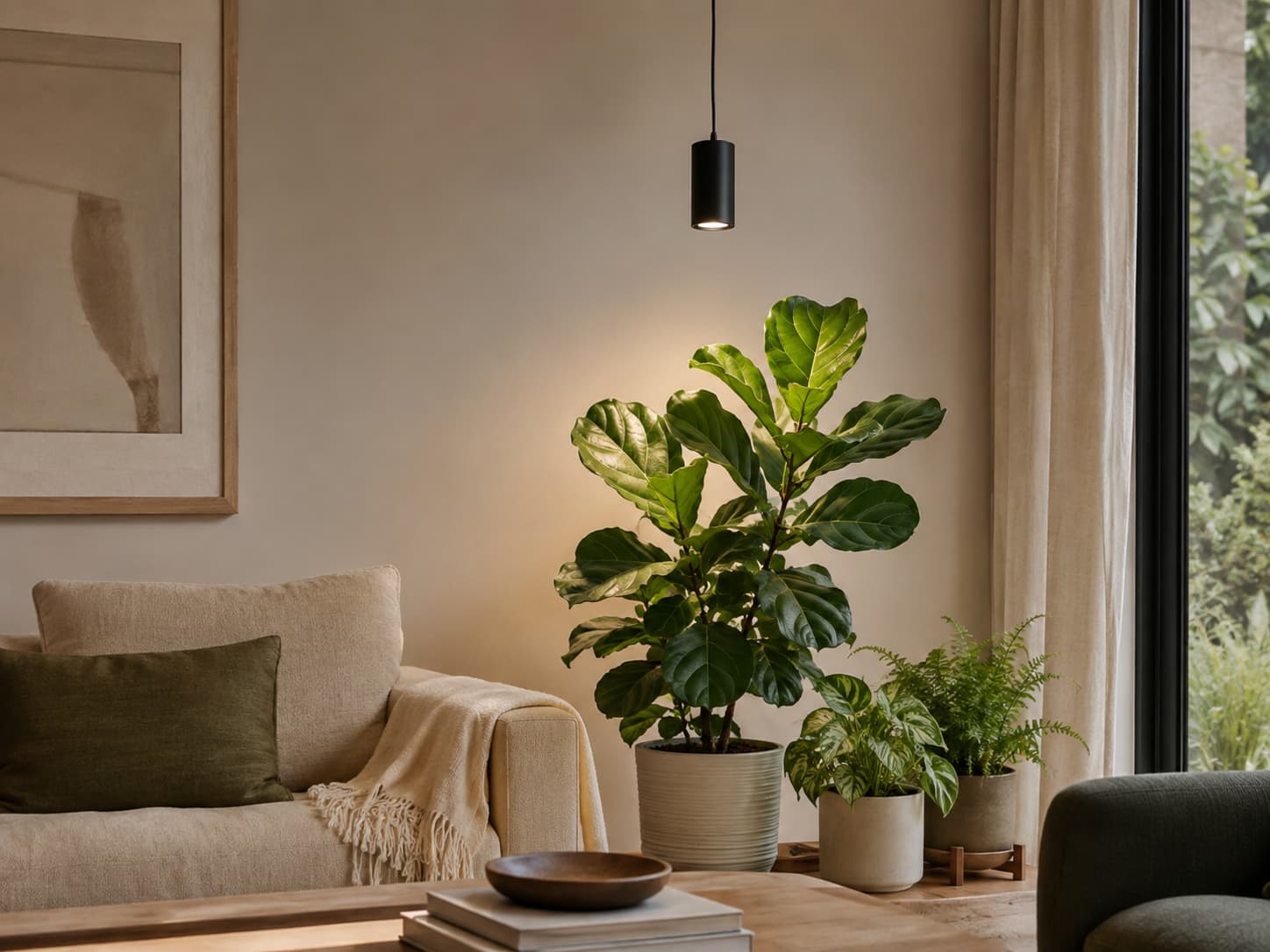 Soltech Aspect Gen 2 pendant grow light illuminating indoor plants in a warm modern living room.