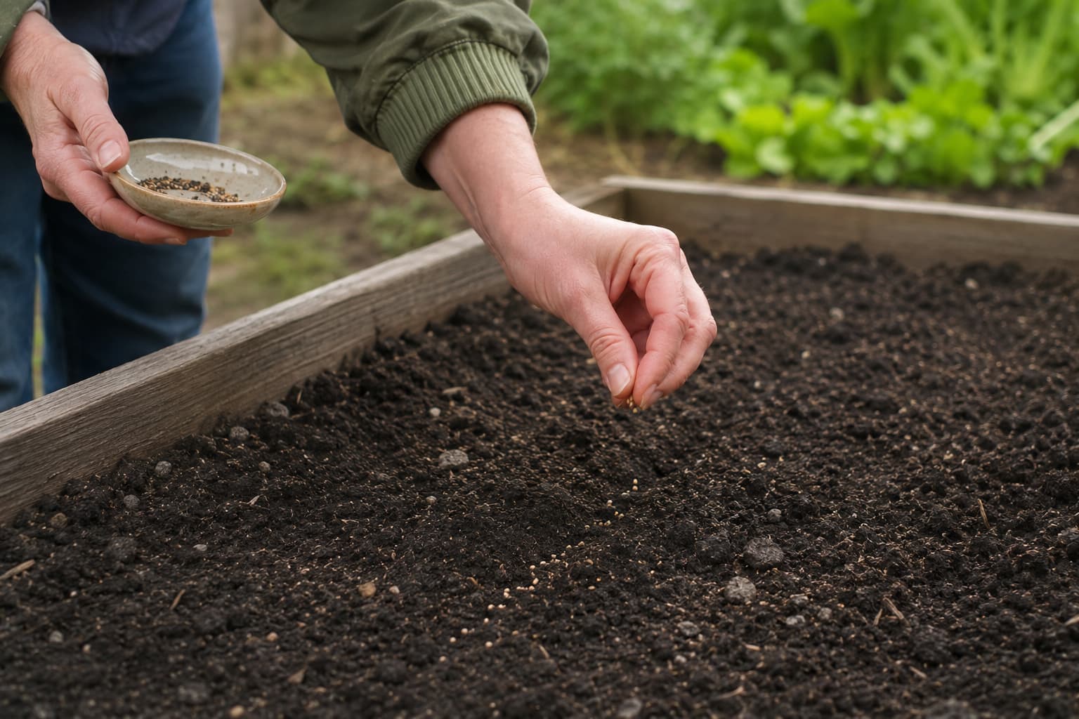 Gardener sowing arugula seeds thinly into prepared soil for a small succession planting.