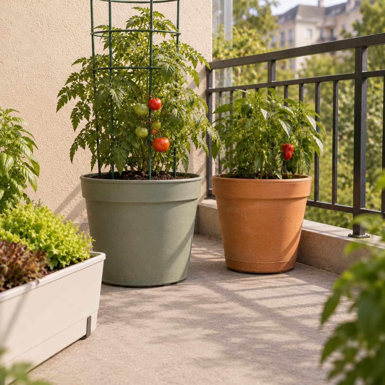 Broad-based tomato and pepper containers placed securely away from the edge of a windy apartment balcony.
