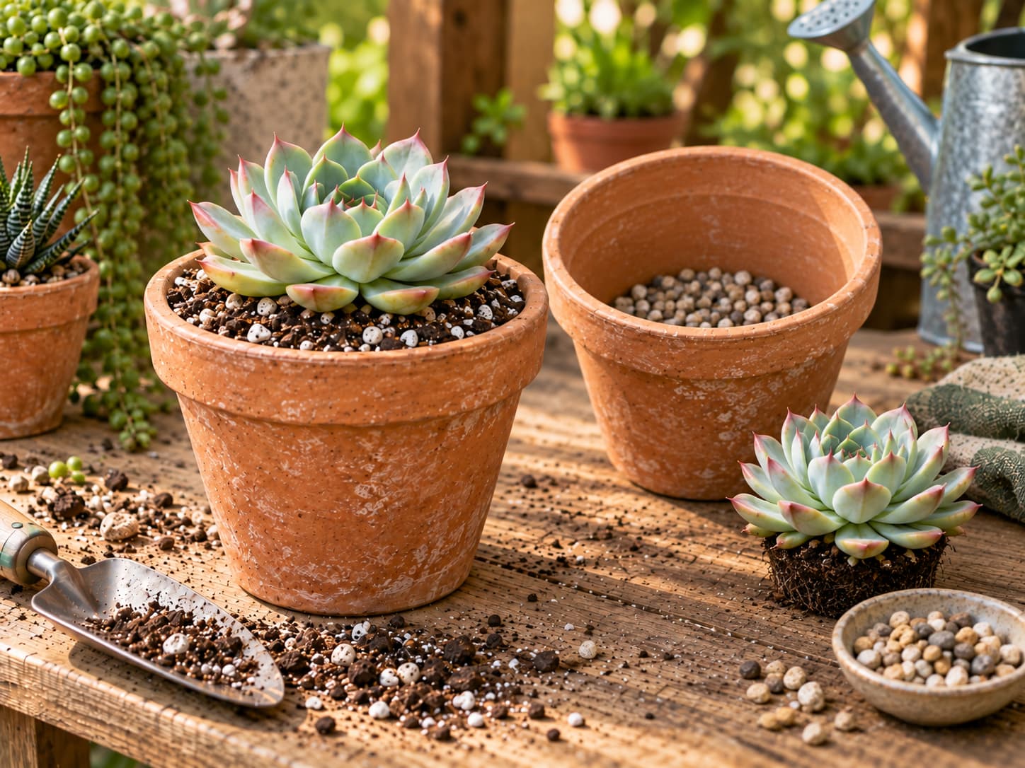 Two intact terracotta pots showing a planted Echeveria in porous succulent mix beside a second pot prepared with an unnecessary gravel layer at the bottom.