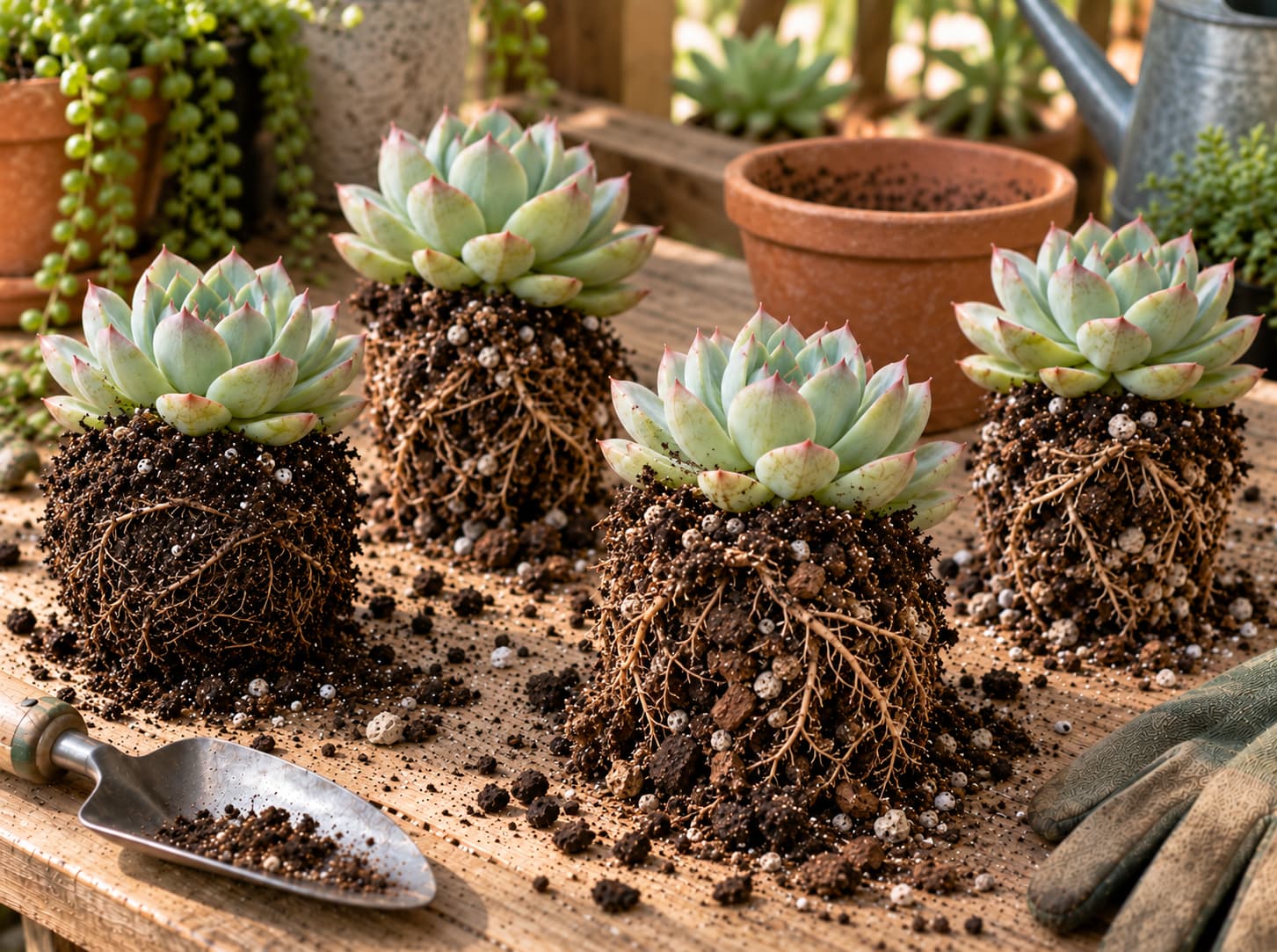 Comparable Echeveria root balls showing differences in root density and the amount of fine versus coarse material remaining around the roots.