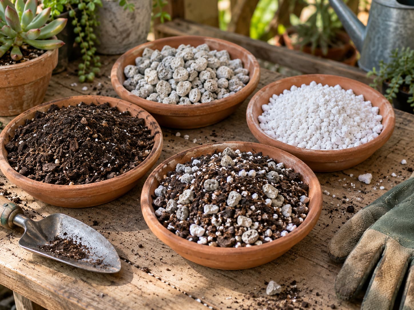 Succulent potting mix, coarse pumice, perlite, and a finished fast-draining mix arranged on a home potting bench.