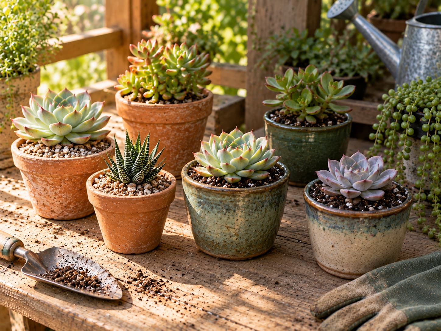 Succulents in terracotta and glazed pots under different light exposures illustrating how container material and environment change soil dry-down.