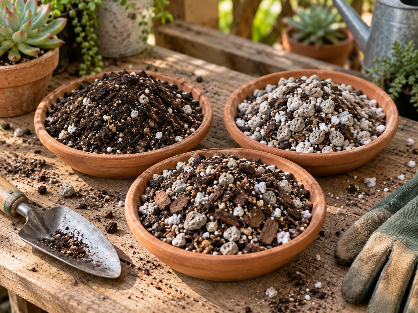 Three finished succulent soil mixes with different proportions of potting mix, pumice, perlite, bark, and coarse grit in terracotta trays.
