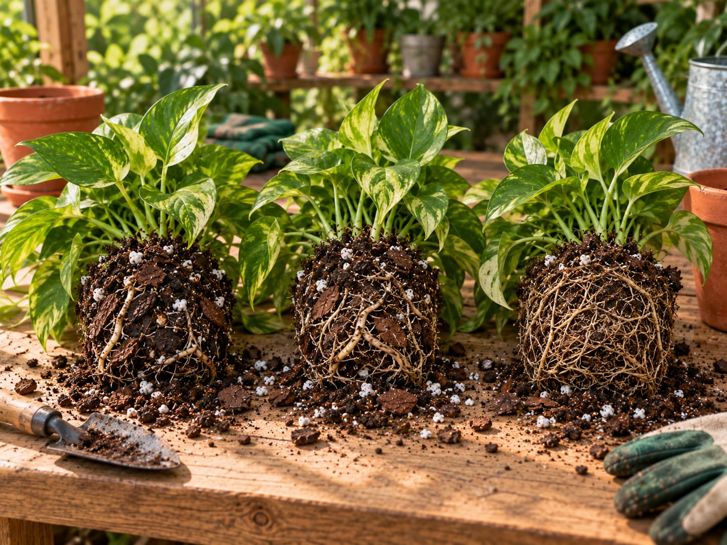 Illustrative week-ten comparison of aroid root balls showing differences in root density and potting medium structure.