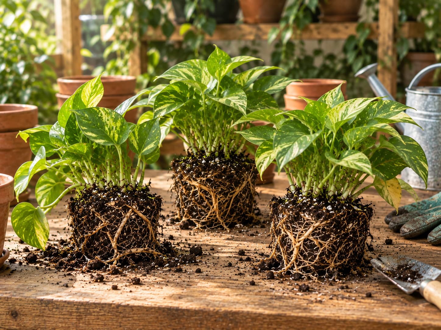 Three Golden Pothos root balls after eight weeks showing differences in root density, color, and remaining growing medium.