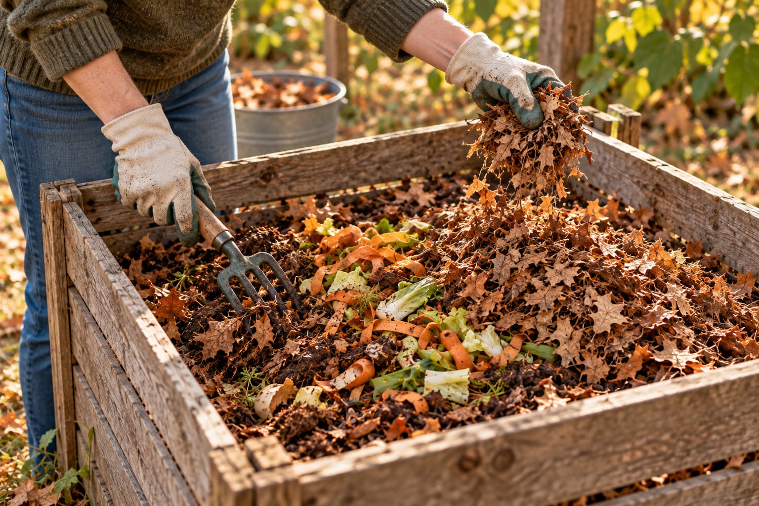 Gardener mixing vegetable scraps with shredded leaves and covering exposed food scraps in an open compost bin