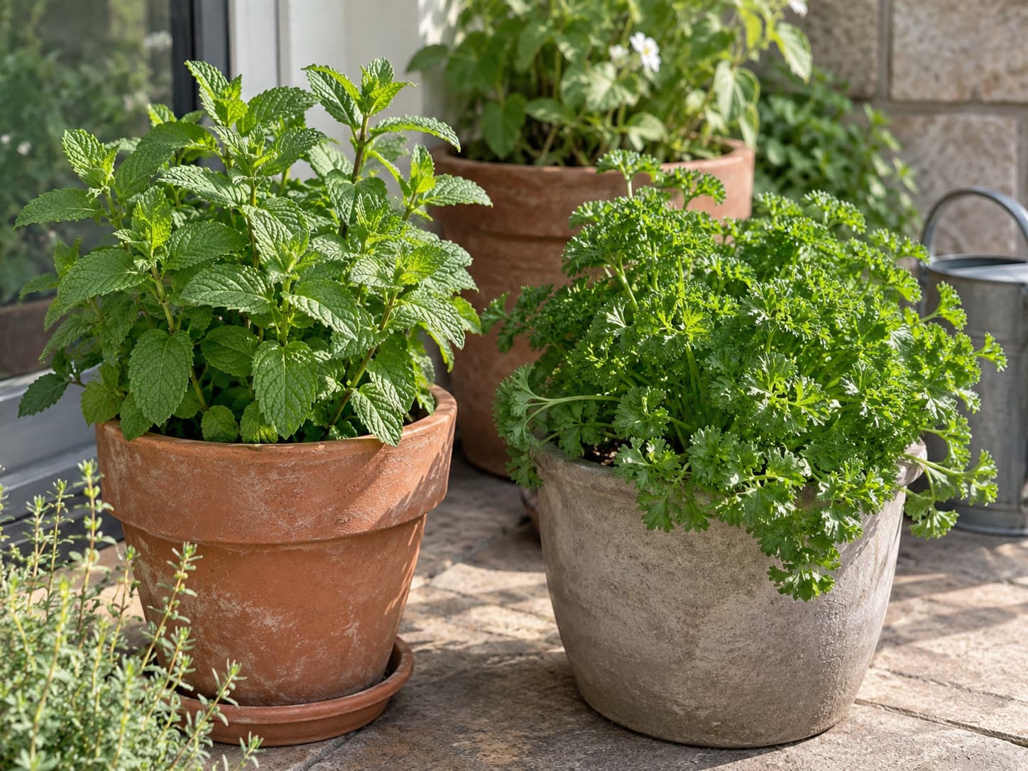 Mint contained in a separate pot beside parsley growing in its own container in a home herb garden.
