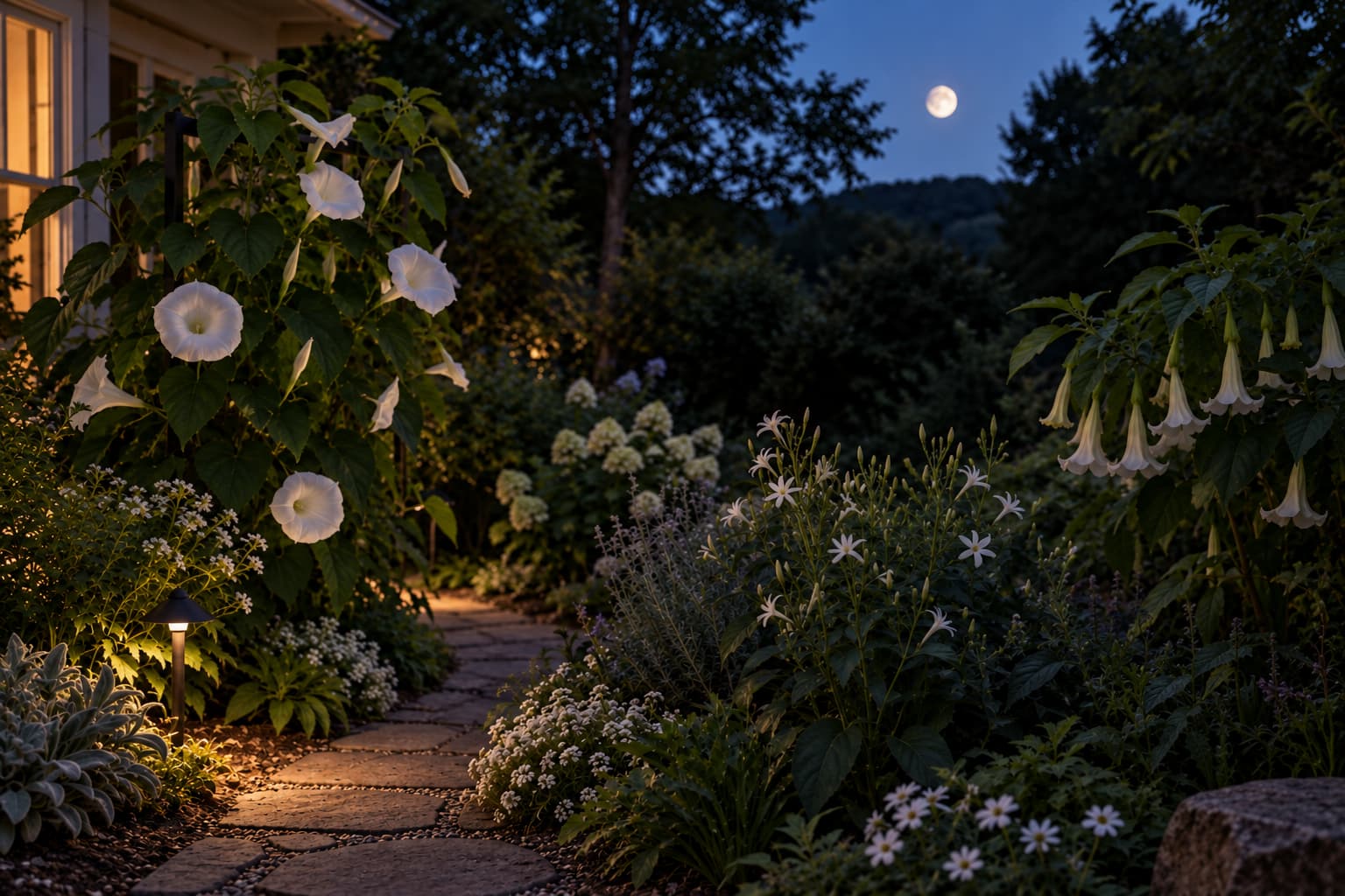Moonflower garden with restrained pathway lighting and a dark planting area preserved for nighttime pollinators.