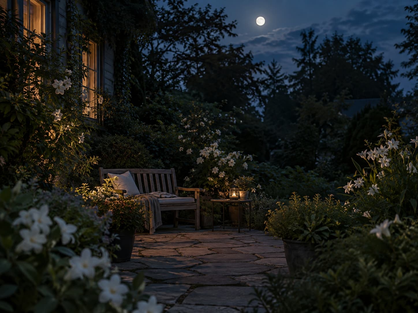 Calm moonlit garden seating area framed by pale night flowers and dark foliage with minimal artificial lighting.
