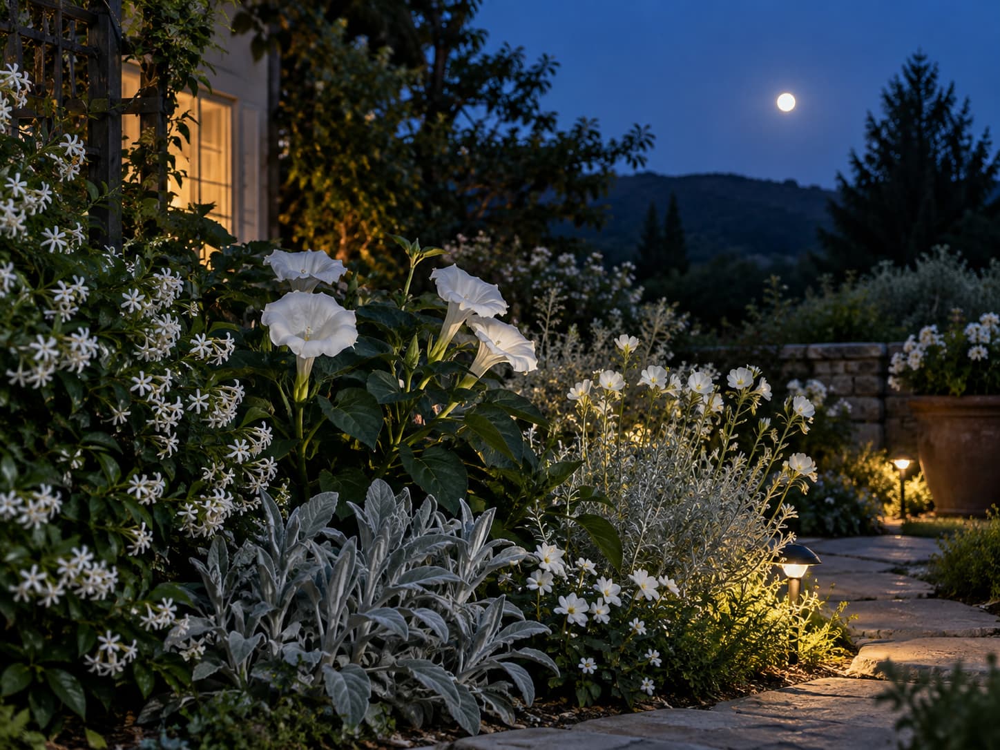 Night-blooming flowers grouped in a moon garden with pale blossoms, silvery foliage, and a softly lit path creating a fragrant evening garden scene.