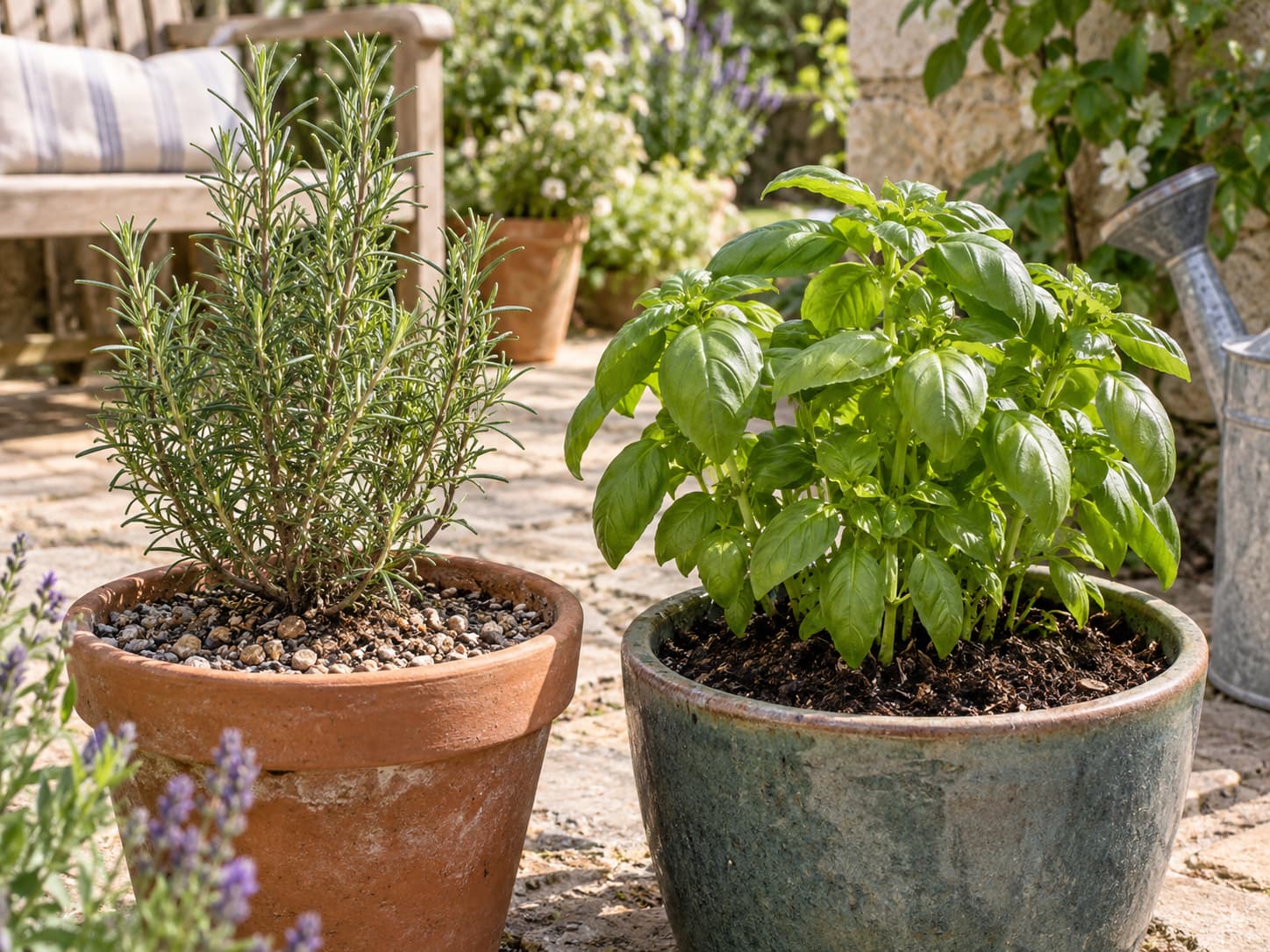 Rosemary and basil growing in separate containers with visibly different potting mixes and watering needs.