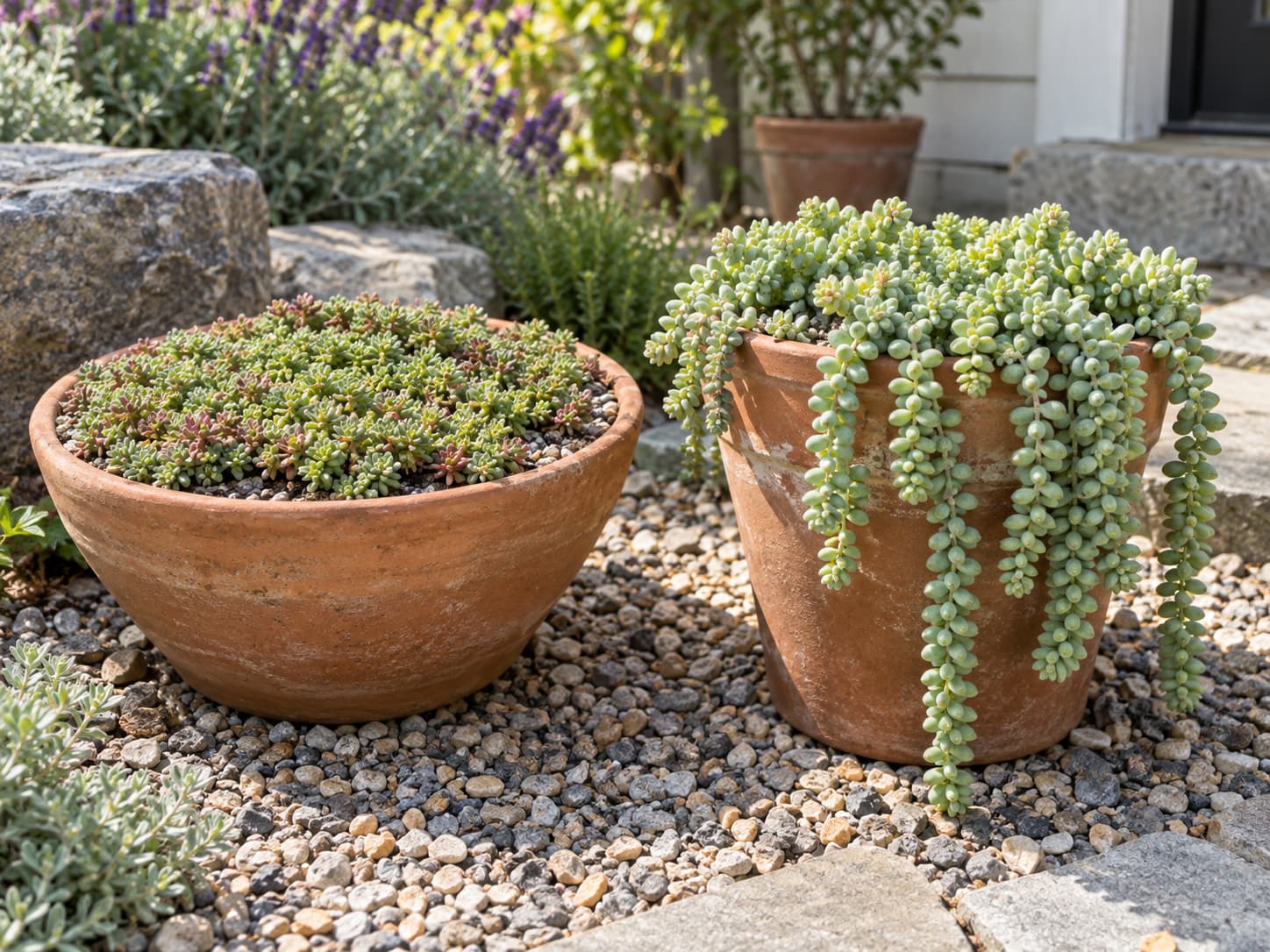 Groundcover Sedum and trailing Sedum showing different natural growth habits in separate garden containers.