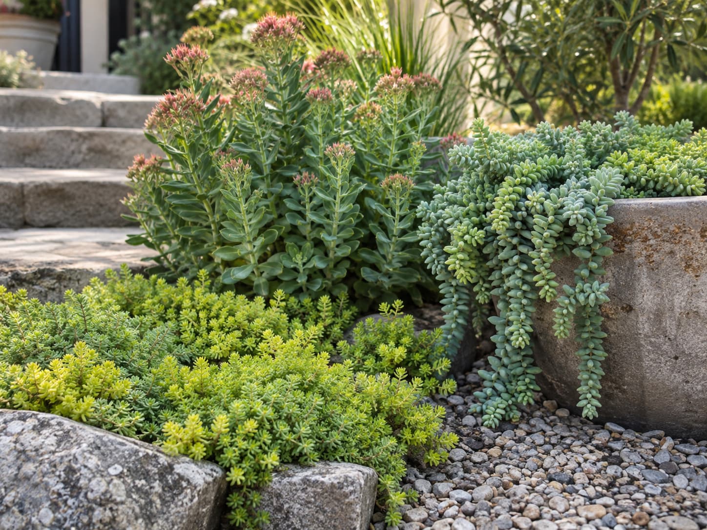 Hardy groundcover, trailing, and upright Sedum displayed together in a natural low-water garden setting.