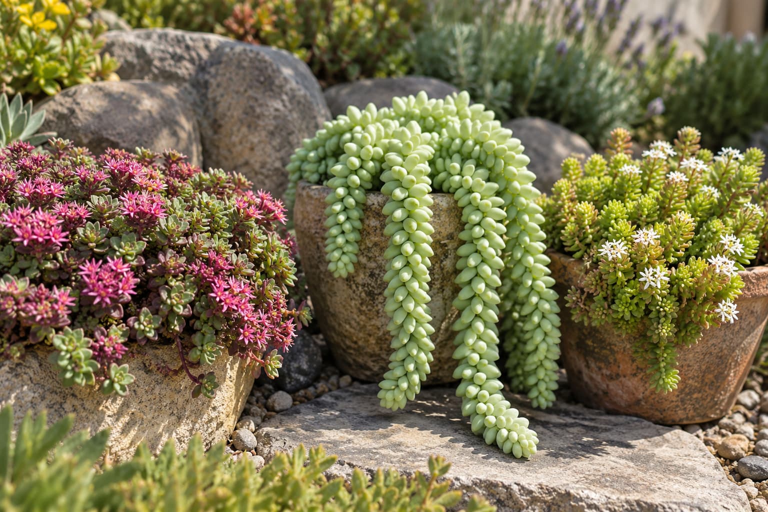 Sedum spurium, Sedum morganianum, and Sedum album shown together for a natural variety comparison.