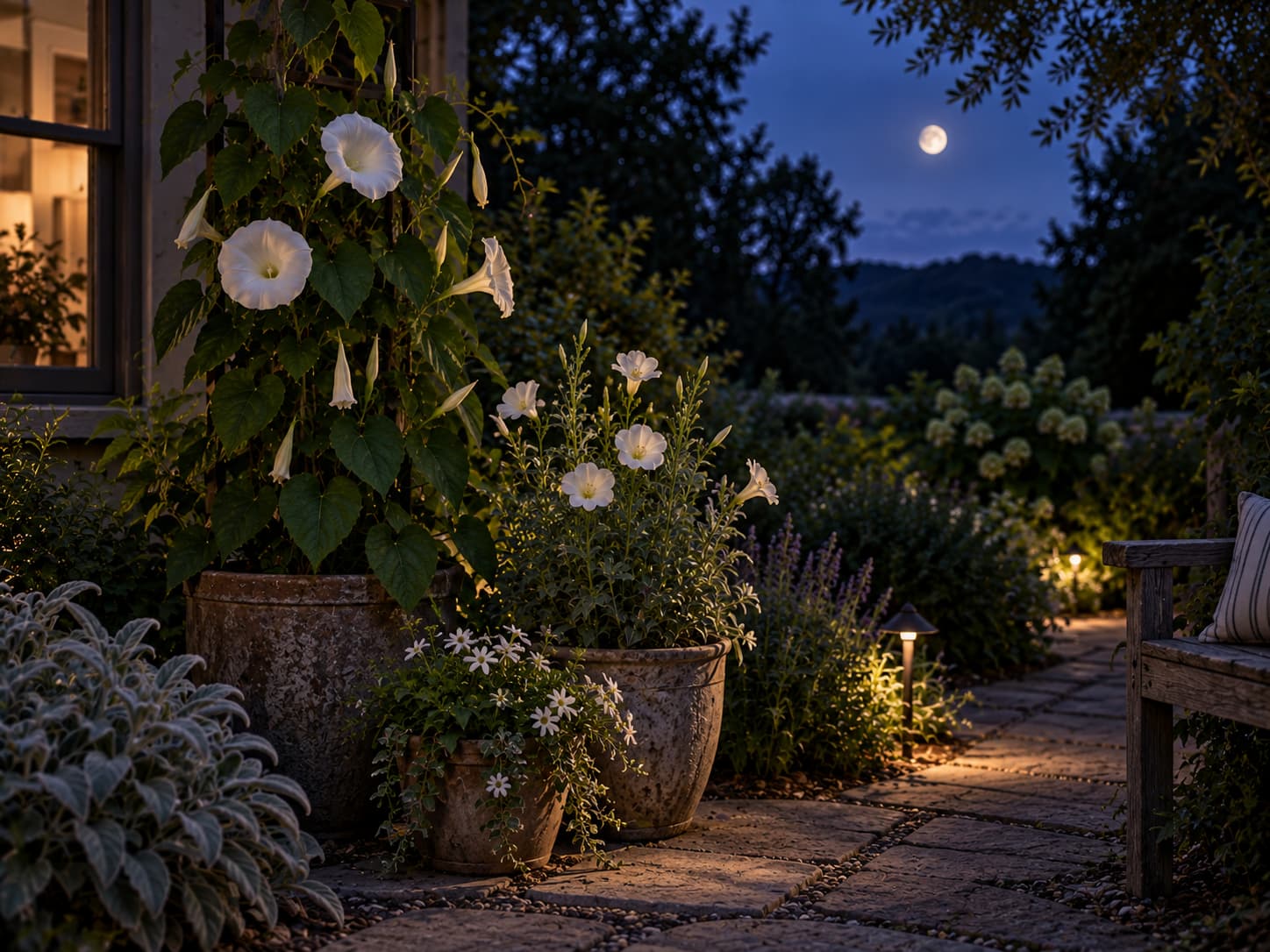 Small moon garden with pale evening flowers, restrained pathway lighting, and containers arranged for nighttime interest.