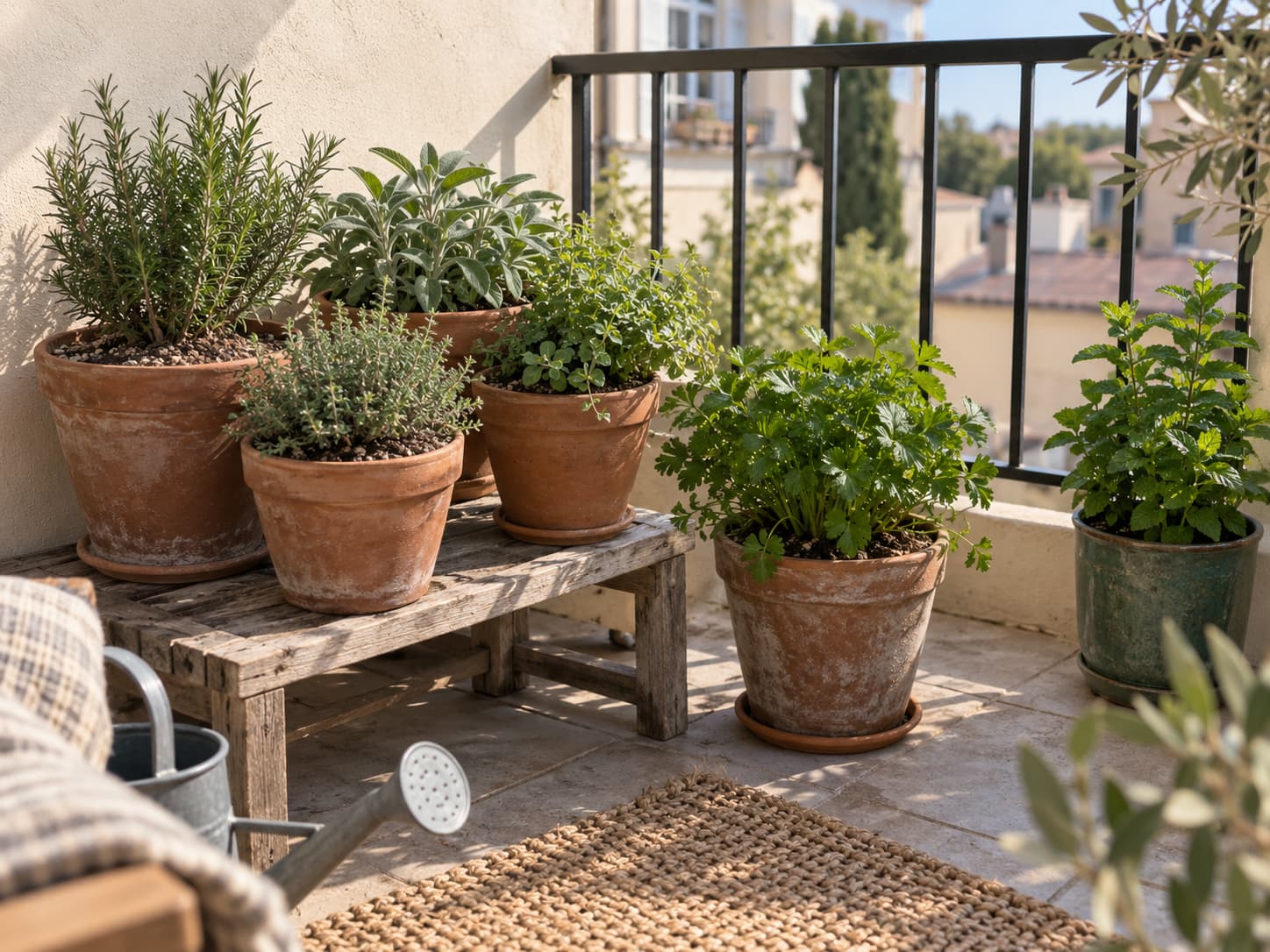 Small balcony herb garden grouped into dry Mediterranean pots, a moist parsley pot, and a separate mint container.