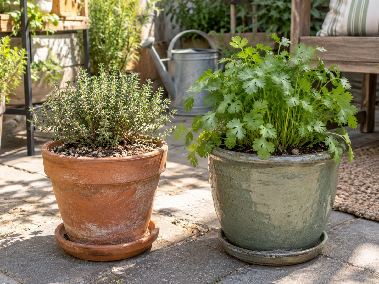 Thyme in a sunny dry container and cilantro in a separate cooler herb pot with evenly moist soil.
