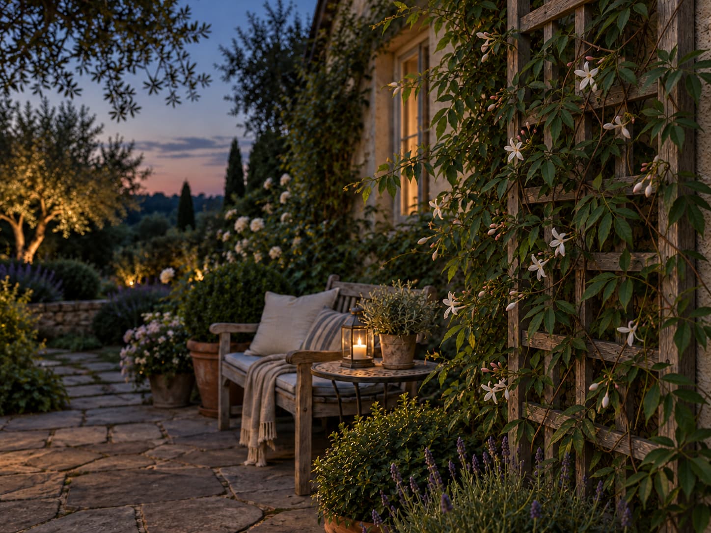 True jasmine trained on a garden trellis for fragrance and vertical interest near an evening seating area.