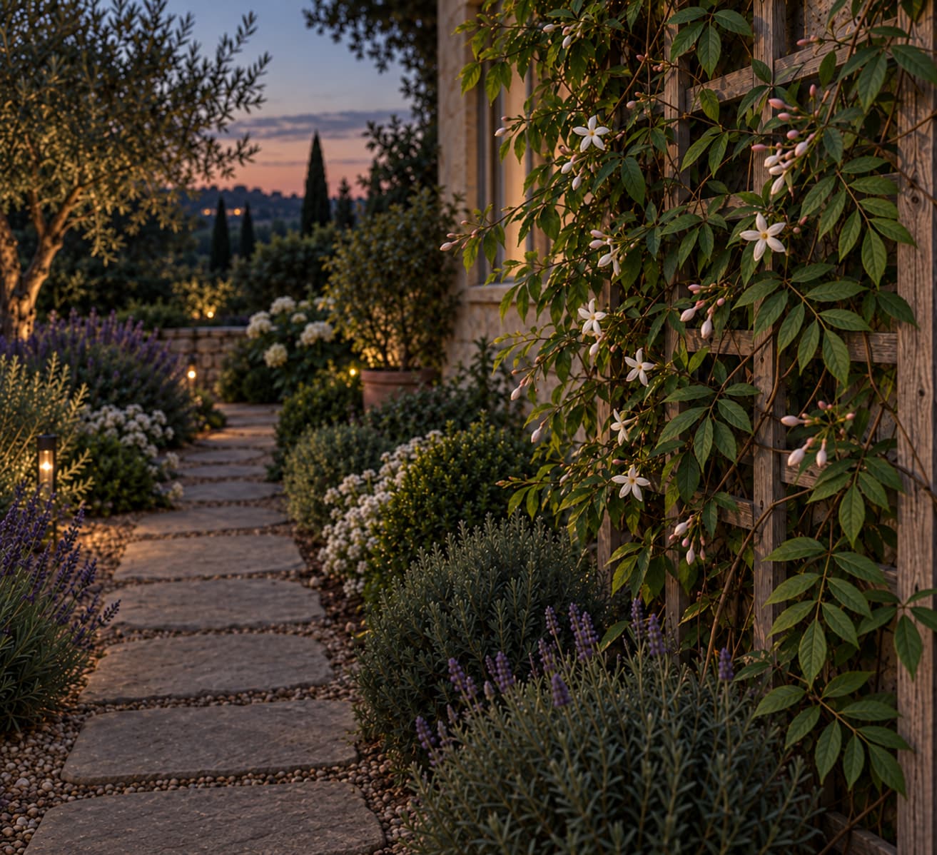 Fragrant jasmine climbing on a trellis in warm evening light beside a garden path.