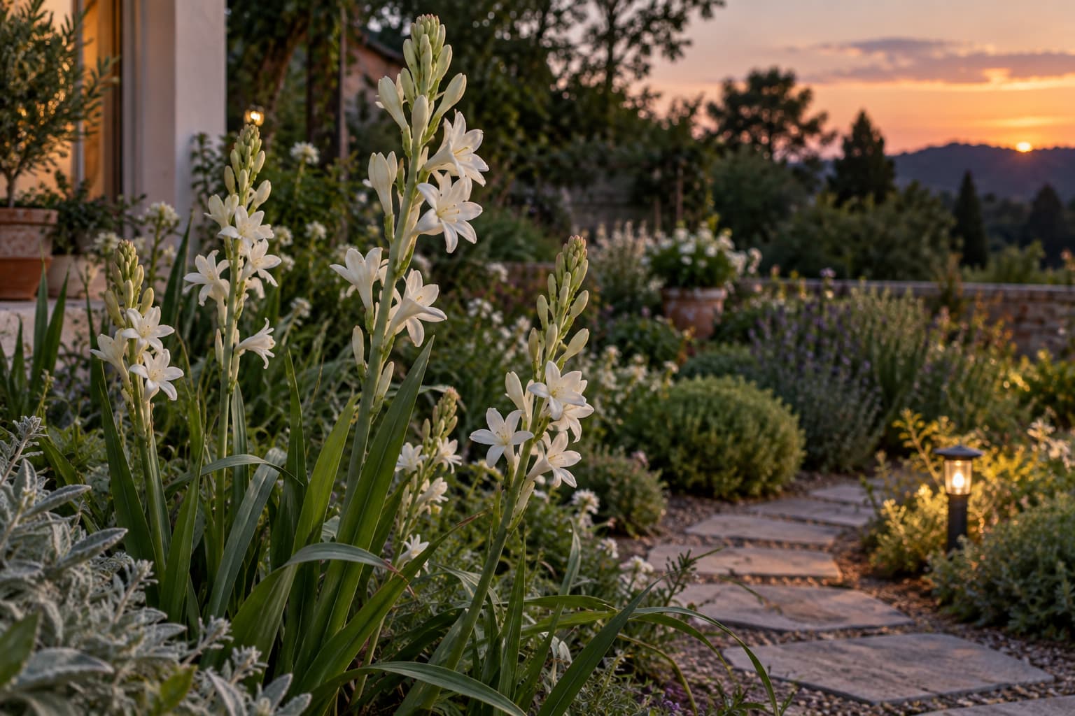 Tuberose flowering at sunset with tall white fragrant flower spikes beside a natural evening garden path.