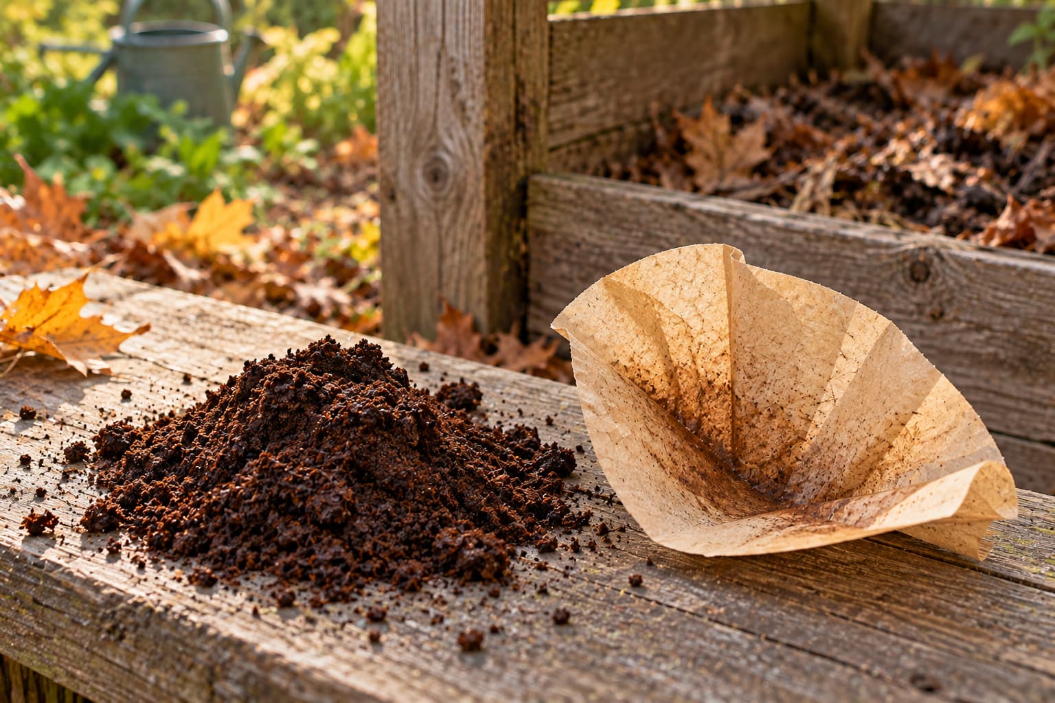 Used coffee grounds as a nitrogen-rich green beside a separate carbon-rich paper coffee filter