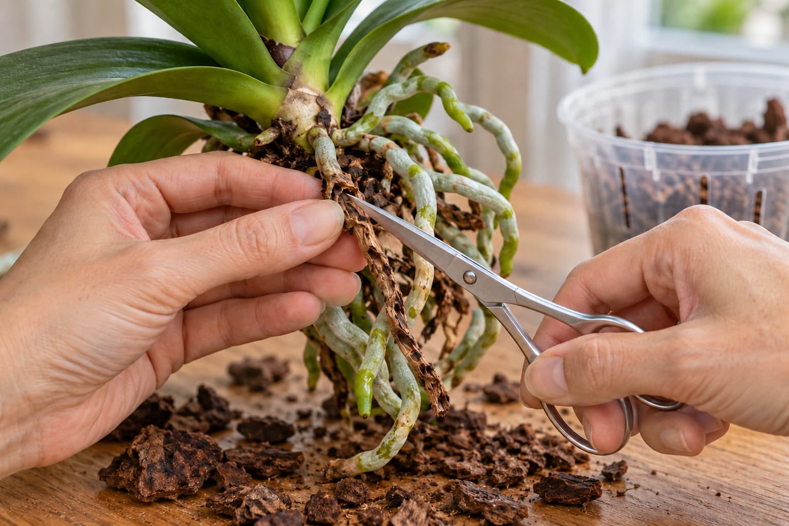 Hands trimming a damaged orchid root with small scissors