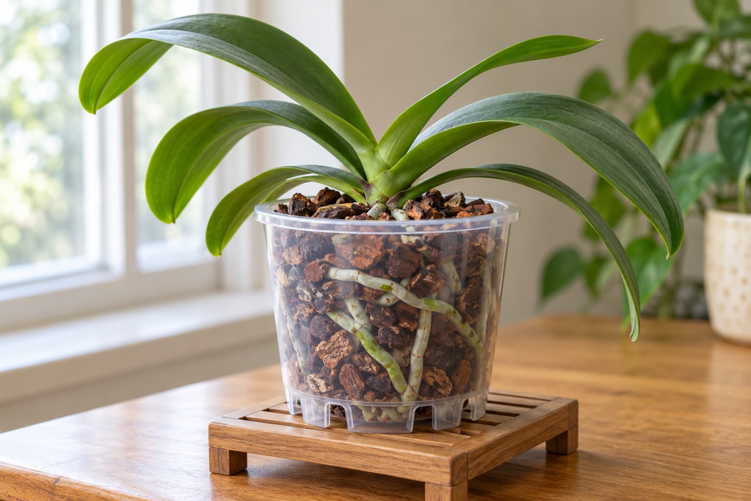 Moth orchid in fresh bark inside a clear plastic pot with drainage holes