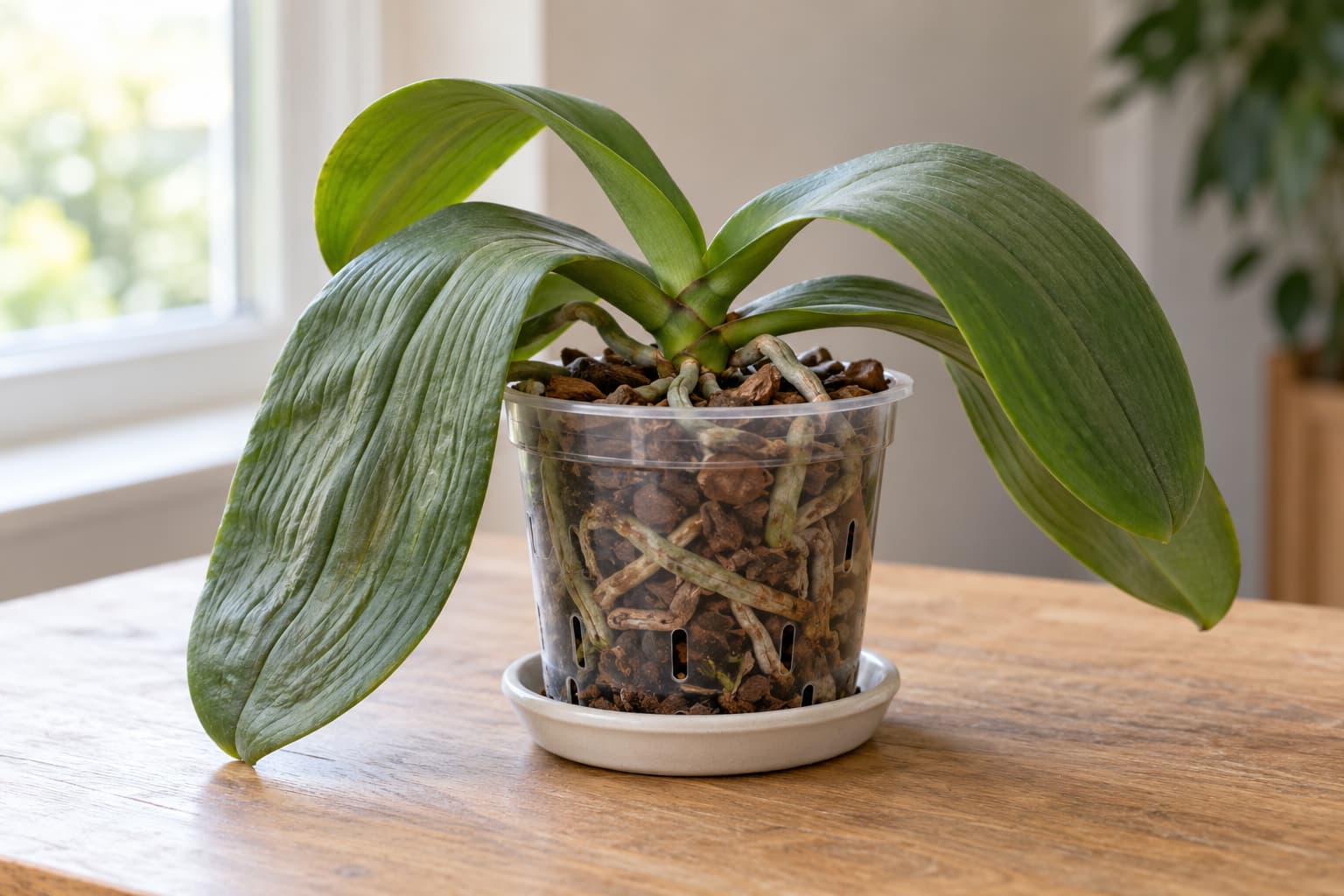 Moth orchid with limp, wrinkled leaves in a pot
