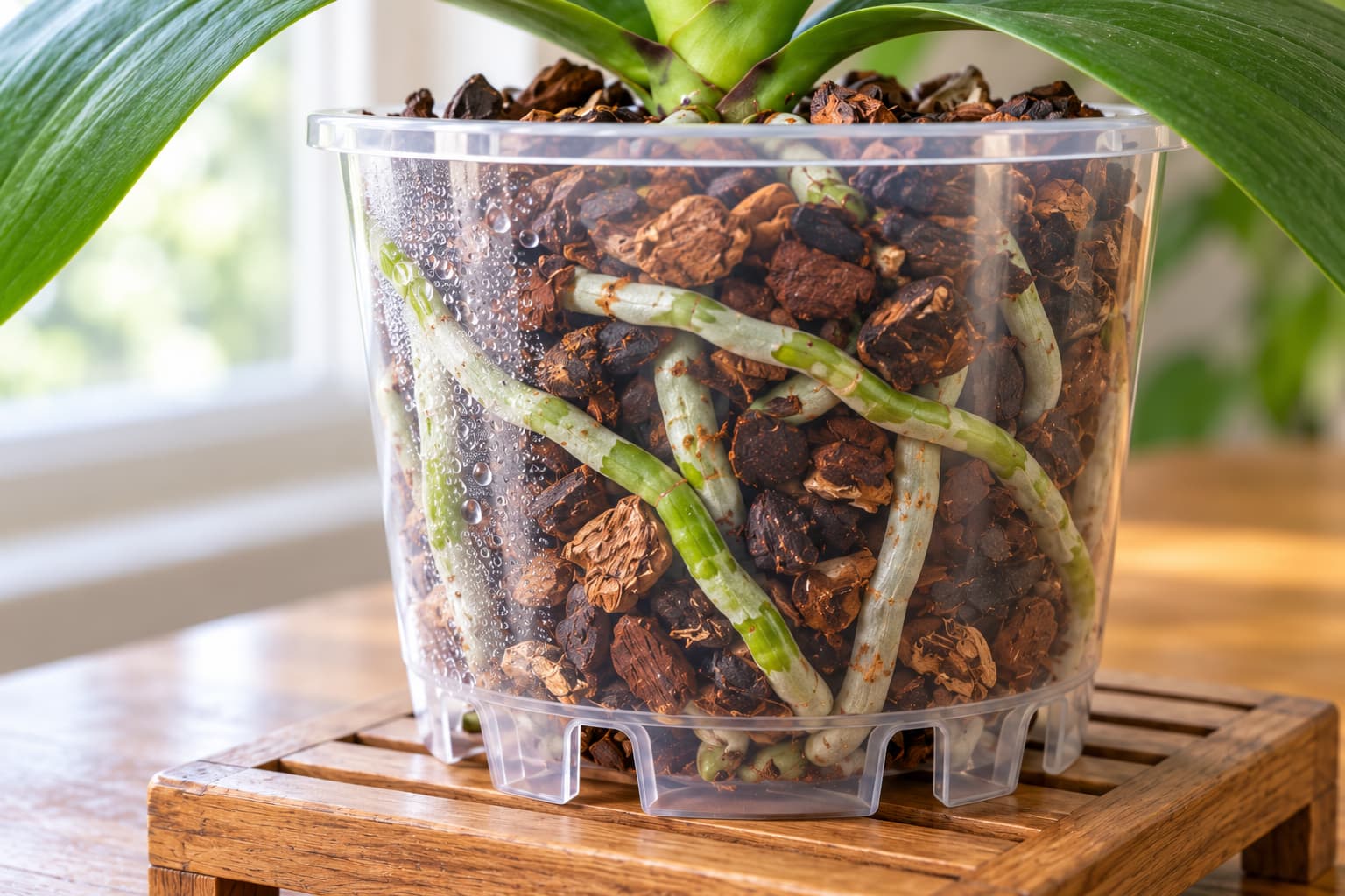 Green orchid roots visible through a clear plastic pot with moisture on its inner wall