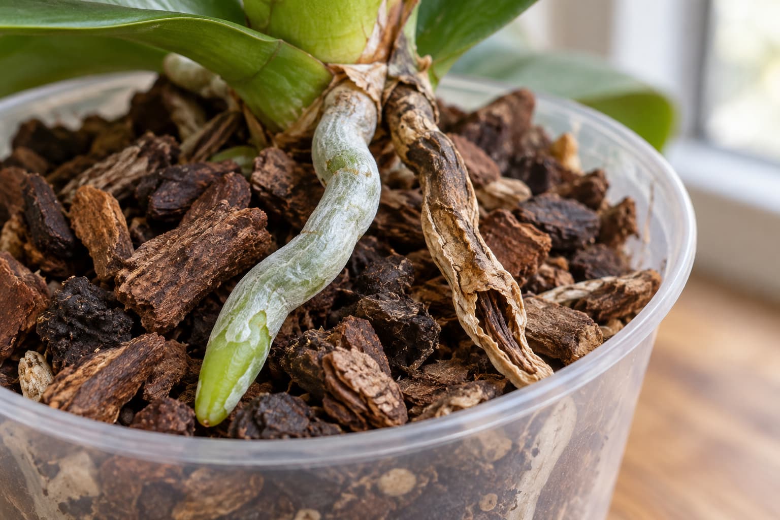 Silvery-green orchid root beside a collapsed brown root