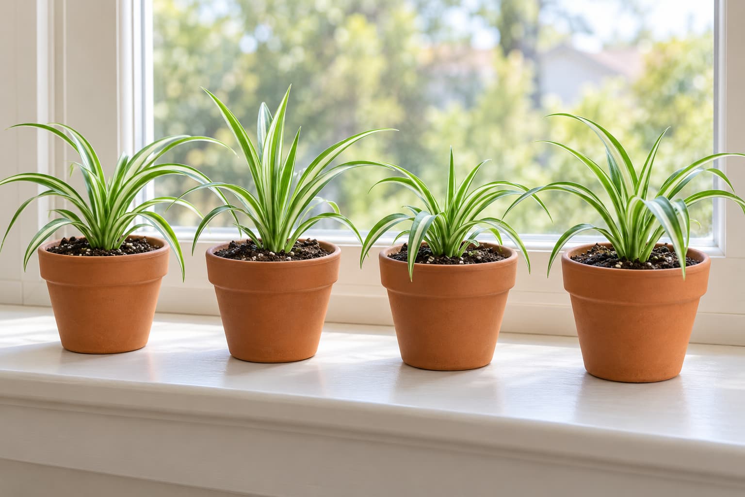 Row of rooted spider plant plantlets in small pots lined up on a bright windowsill