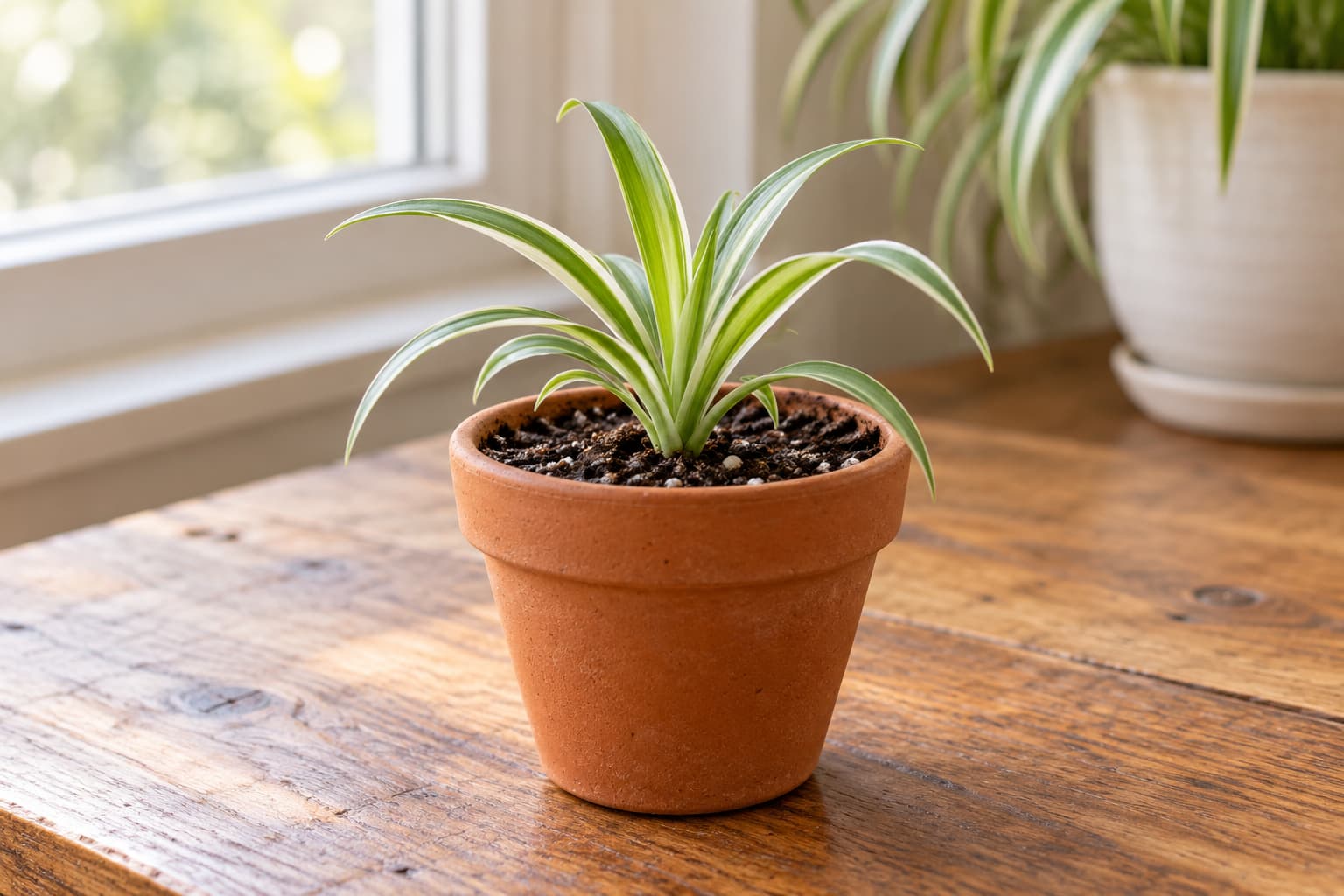 Freshly potted spider plant plantlet in a small terracotta pot with slightly moist potting mix