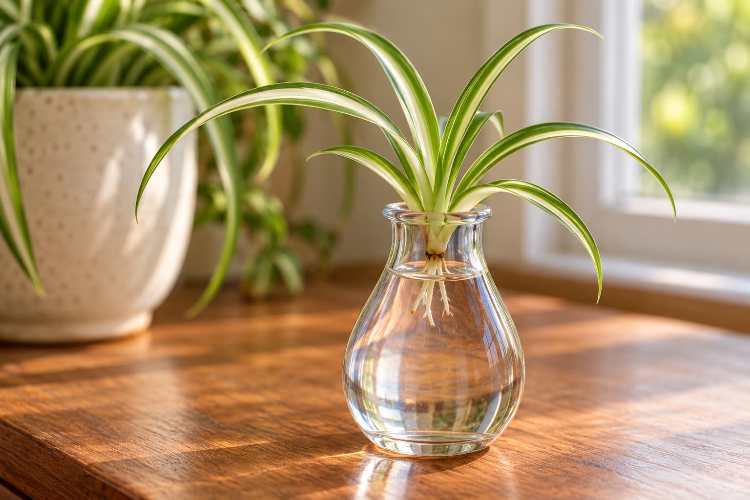 Spider plant plantlet suspended in a small glass of water with its base submerged and leaves above the waterline