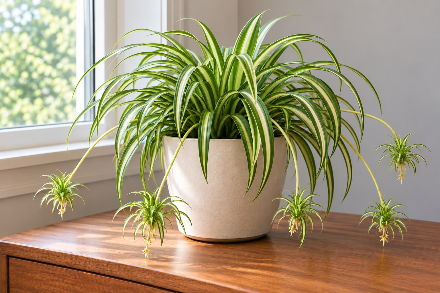 Mature spider plant with several arching runners, each tipped with a small dangling plantlet
