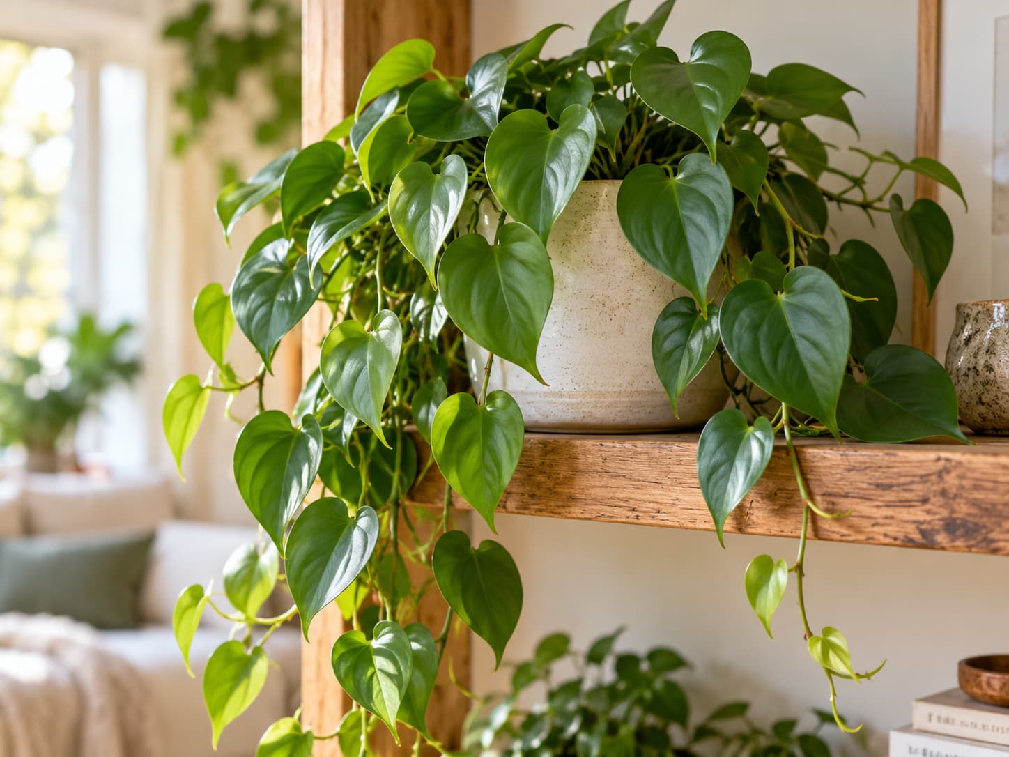 Heartleaf philodendron with soft glossy green heart-shaped leaves trailing from a neutral pot on a wooden indoor shelf.