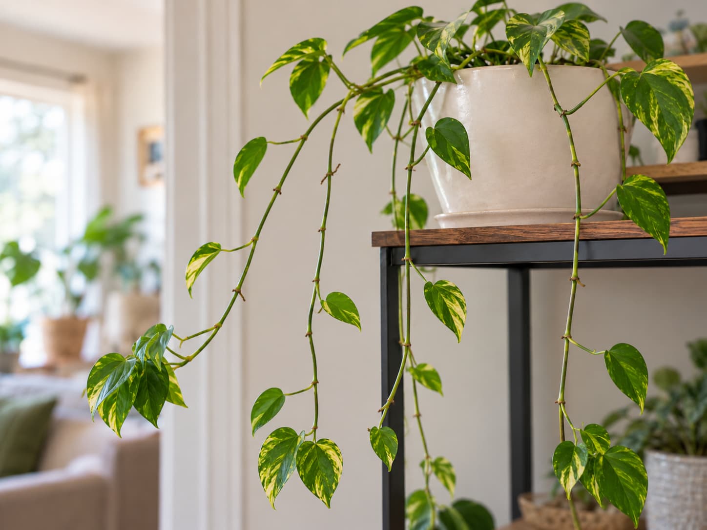 Leggy golden pothos with long bare stem sections between heart-shaped leaves before pruning.
