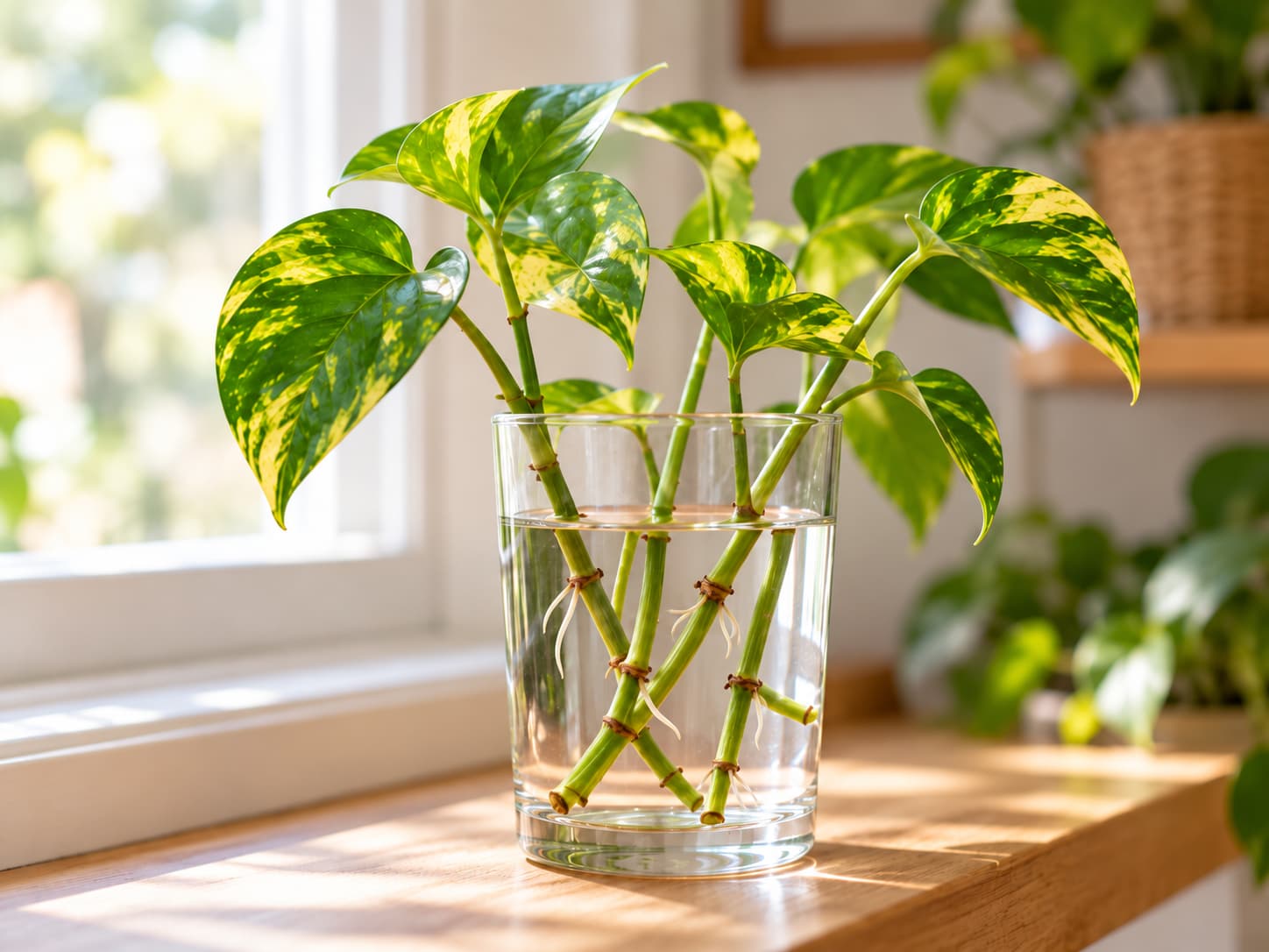 Golden pothos stem cuttings rooting in a clear glass of water, with nodes submerged and leaves above the waterline.