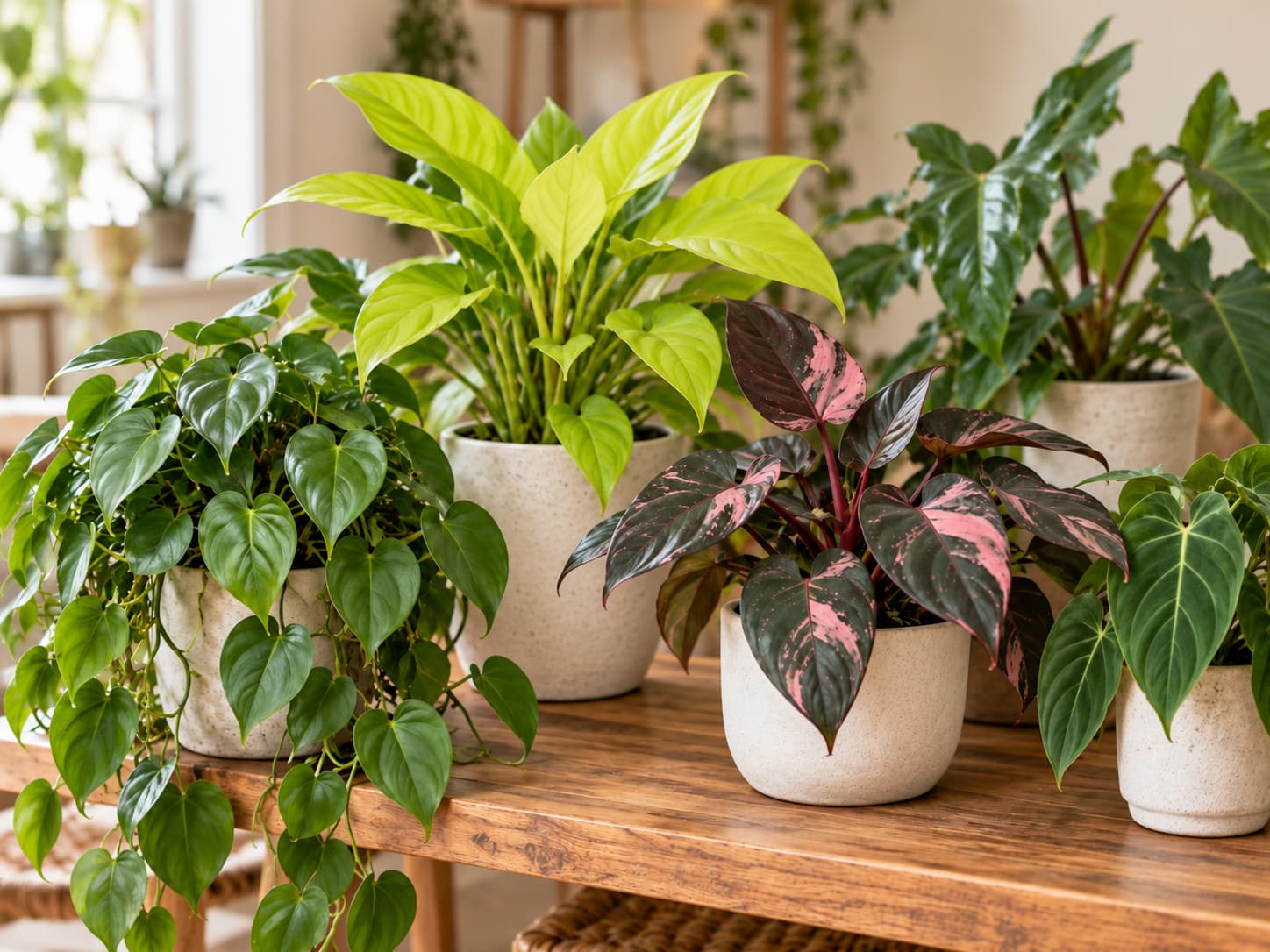Several potted philodendron varieties grouped together, showing trailing heart-shaped leaves, upright lime foliage, and pink-variegated leaves.